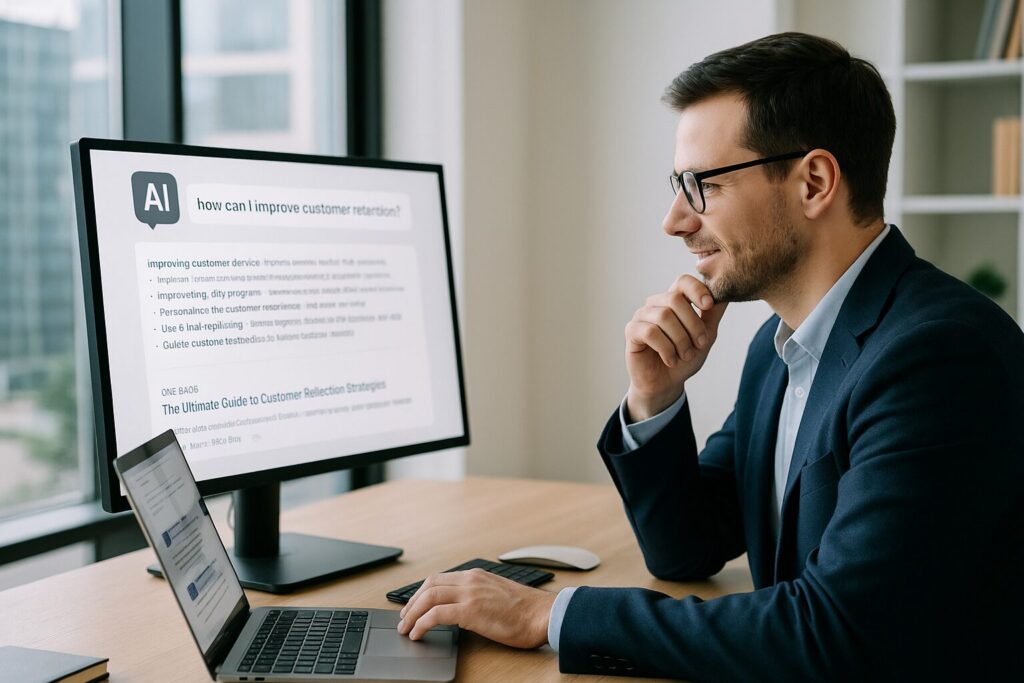 Small business owner reviewing AI-generated search results on a large monitor, illustrating how generative AI delivers direct answers from multiple sources.