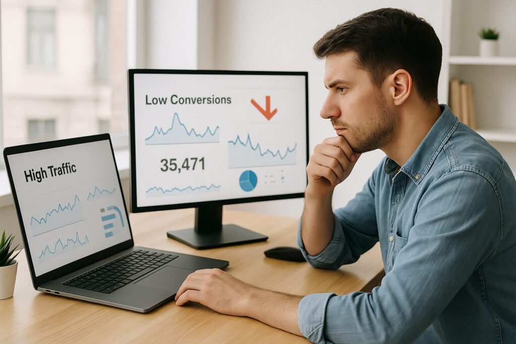 Business owner reviewing website analytics showing high traffic but low conversions.