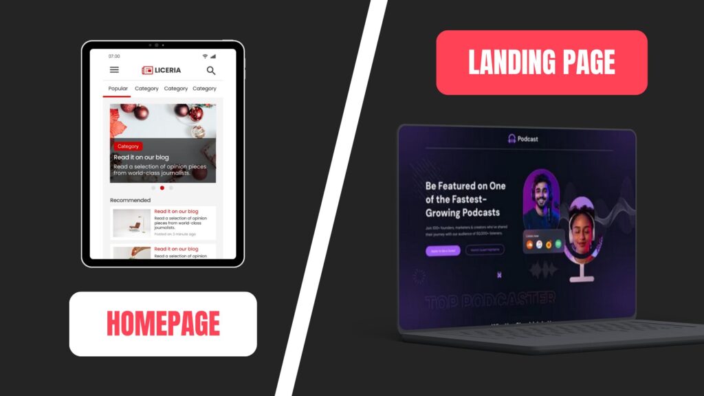 Visual comparison showing the difference between a multi-purpose homepage and a focused landing page with single call-to-action