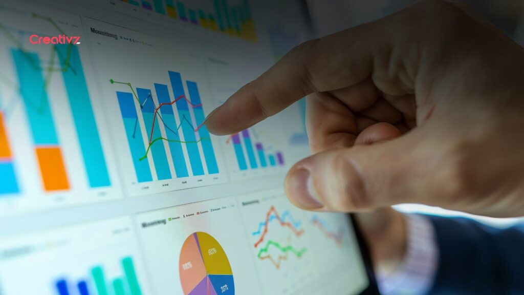 Hand pointing at digital analytics dashboard showing colorful bar graphs and pie charts representing website conversion data and advertising performance metrics