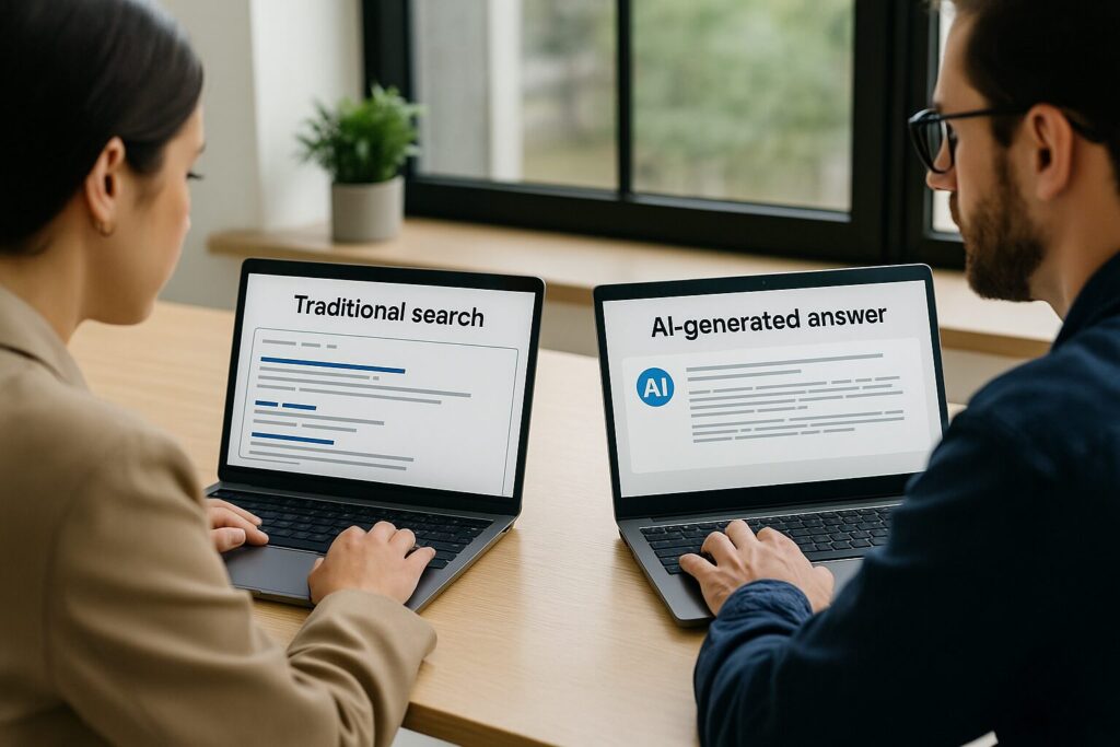 Comparison of traditional Google search results and AI-generated search answers showing the shift in search behavior