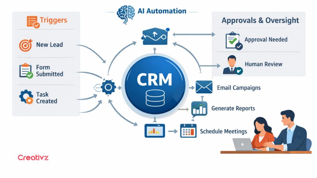 AI automation workflow showing CRM as central system with triggers, approvals, and human oversight