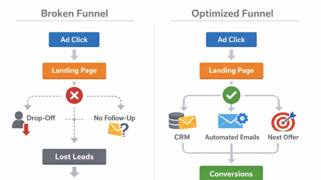 post-click optimization showing broken lead flow after the click