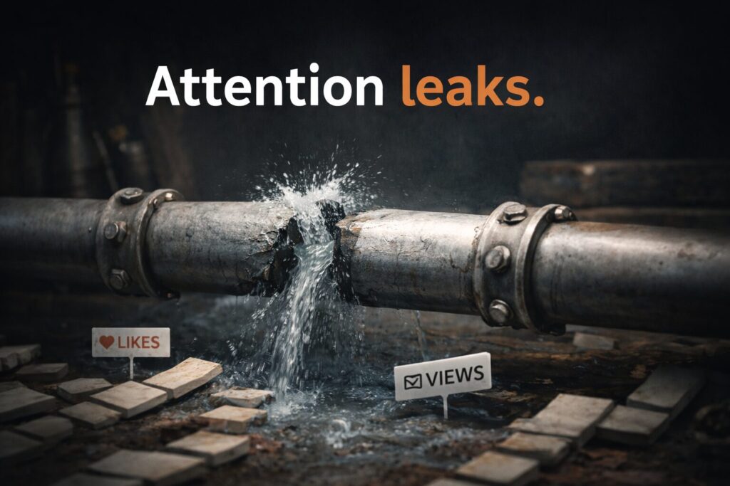 Broken metal pipe leaking water symbolizing how social media attention disappears without owned systems