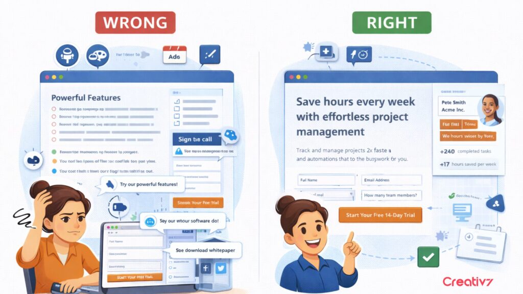 Side-by-side visual comparing a SaaS landing page overloaded with feature lists, long signup forms, chatbots, and multiple CTAs, versus a streamlined free-trial page with a clear outcome-focused headline, short form, social proof, and a single call to action.