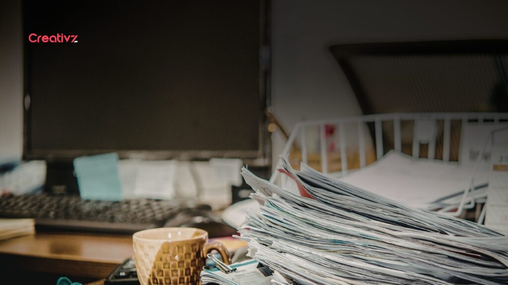 Overwhelmed founder workspace with multiple tabs, notifications, and scattered notes showing lack of systems