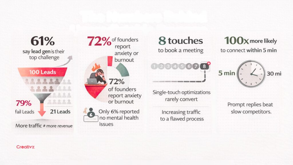Data visualization showing why revenue feels unpredictable, including lead conversion drop-off, founder burnout rates, average sales touchpoints, and the impact of fast response times.