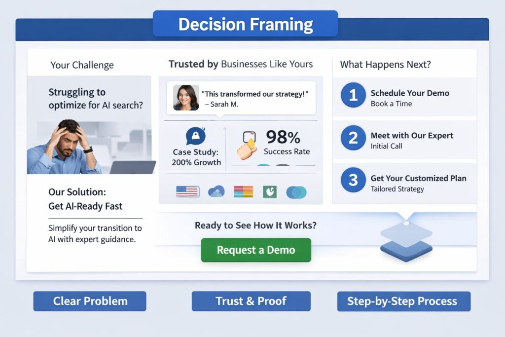 Landing page showing trust signals and a step-by-step process after requesting a demo.