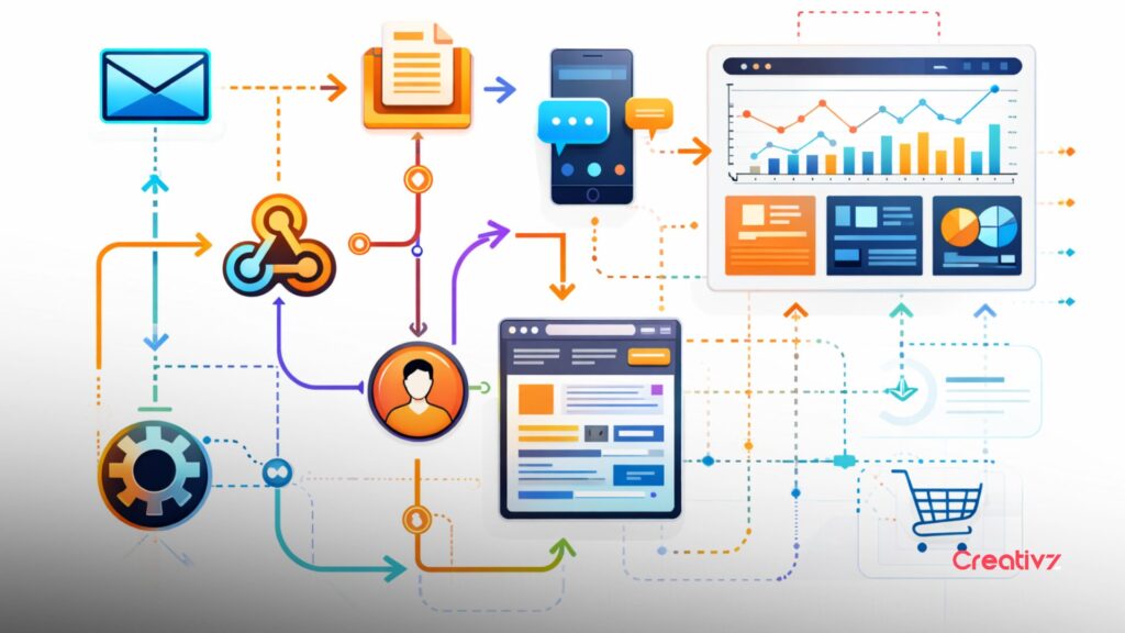 Illustration of integrated conversion system linking micro conversion actions to CRM, automation workflows, and macro revenue analytics