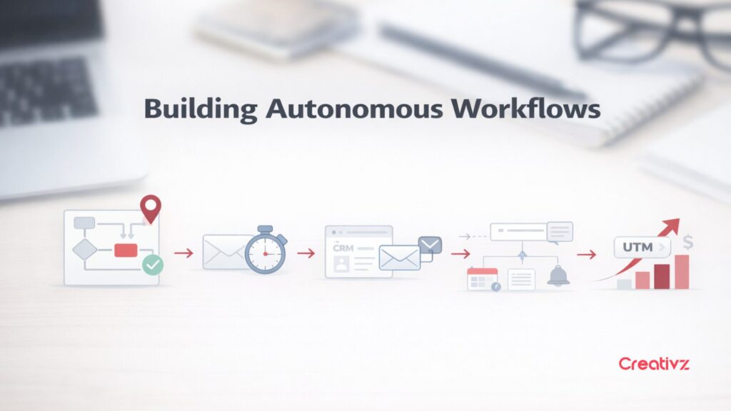 Diagram showing autonomous workflow process from lead capture to CRM automation, follow-ups, and revenue tracking