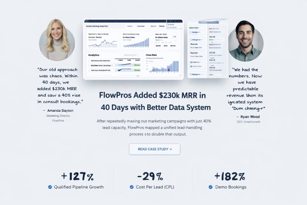 Landing page displaying customer testimonials, outcome screenshots, and case study proof