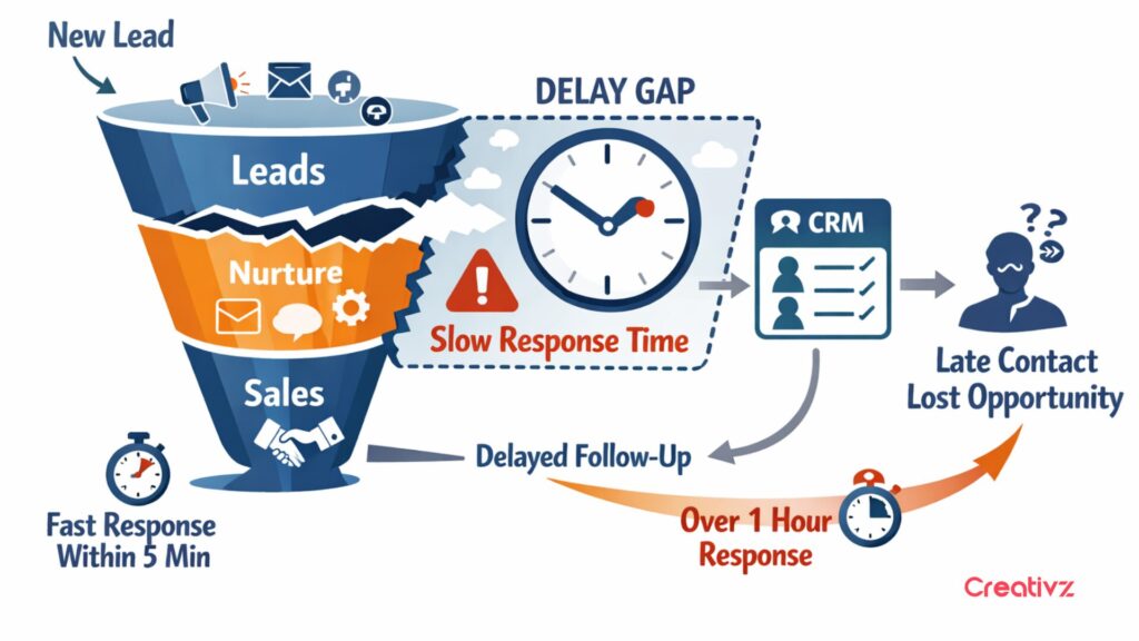 CRM workflow showing a gap between lead capture and delayed response, highlighting a broken marketing funnel process.