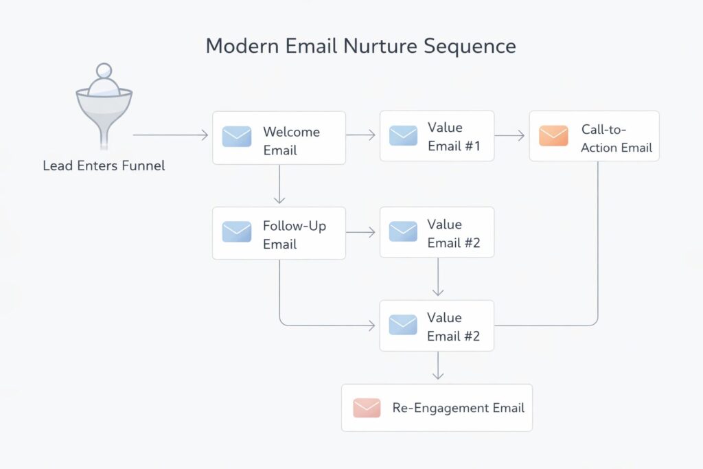 Automated email nurture sequence showing timed follow-ups and customer journey flow