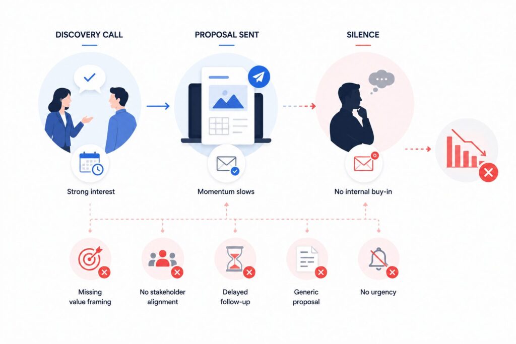 Diagram showing where B2B proposals stall after pricing appears before value is fully understood.