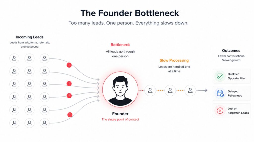 Diagram showing a founder as a bottleneck with too many incoming leads and limited capacity to handle them.