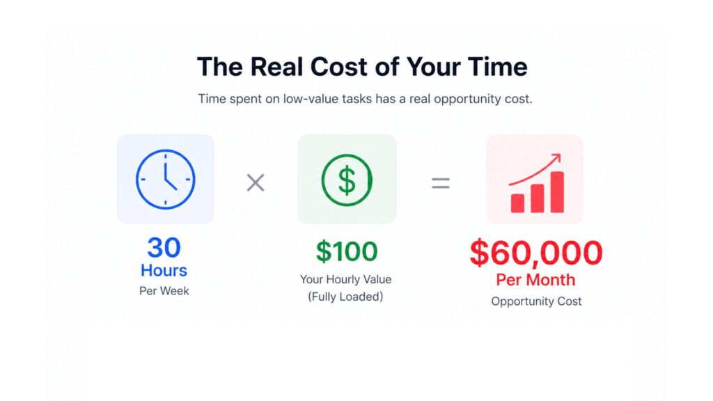 Illustration showing the cost of founder time spent on sales and its impact on business efficiency.