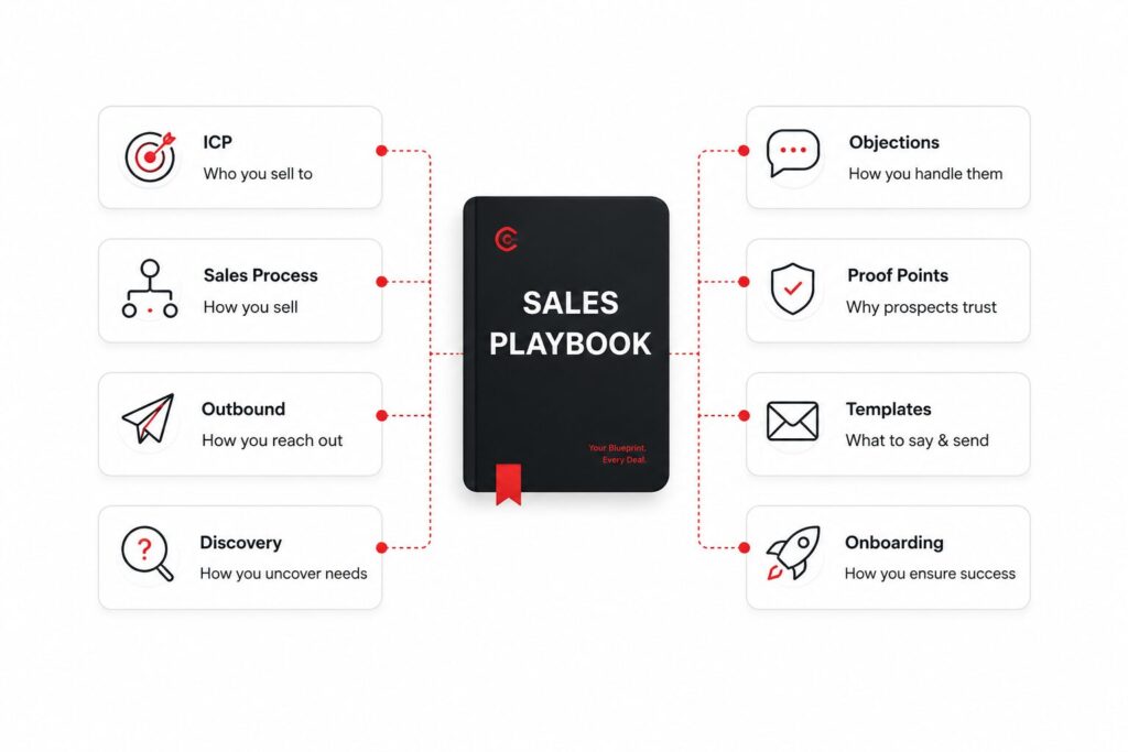 Sales playbook infographic showing a central playbook connected to key sales system components including ICP, sales process, outbound strategy, discovery, objection handling, proof points, templates, and onboarding.