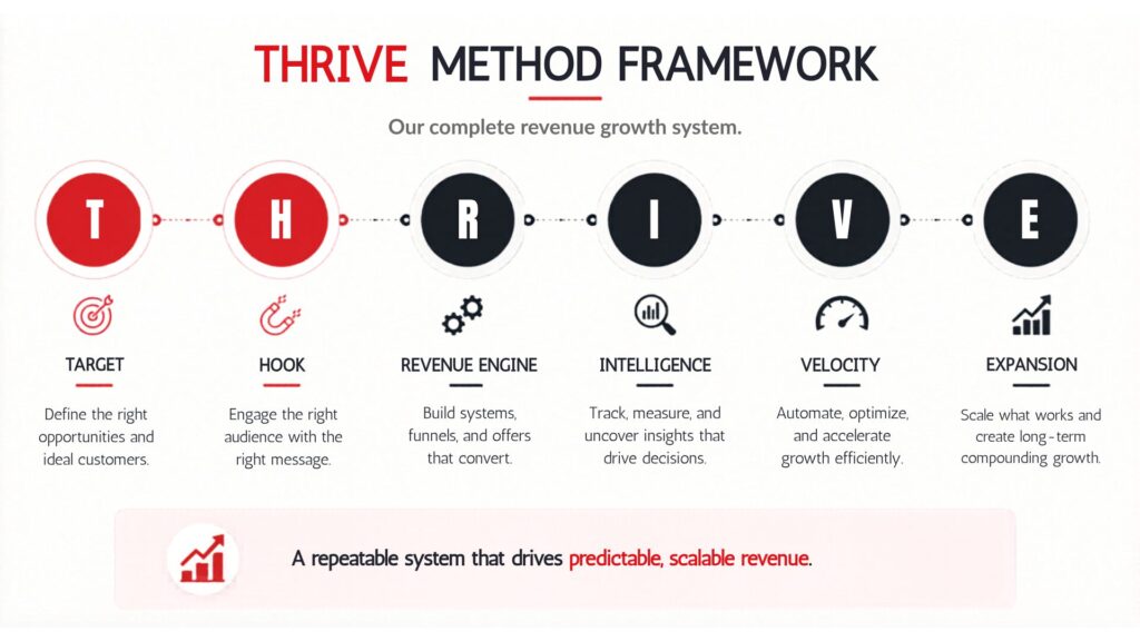 THRIVE Method framework infographic showing six connected stages of a scalable revenue system: Target, Hook, Revenue Engine, Intelligence, Velocity, and Expansion, designed to drive predictable and scalable business growth.