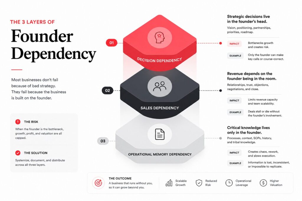 Three-layer framework showing decision, sales, and operational memory dependency inside a scaling business.