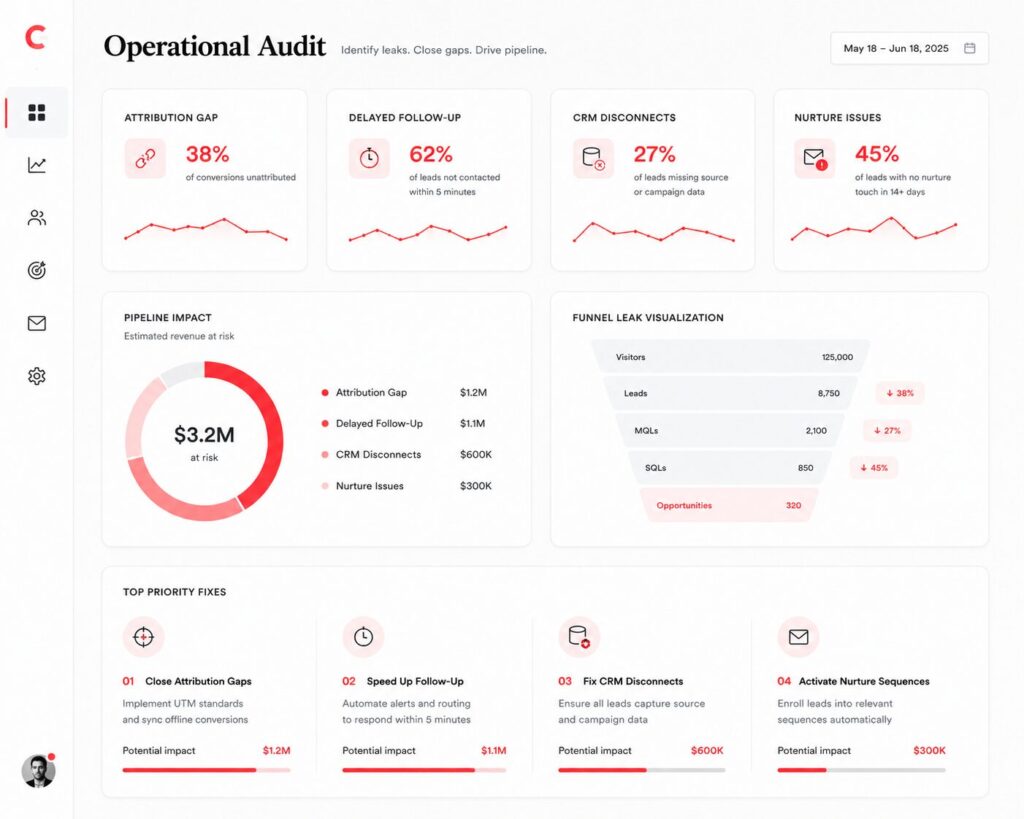 Operational audit dashboard showing gaps in B2B content-to-pipeline systems and attribution workflows.