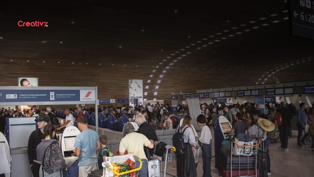 Passengers waiting inside a crowded airport during a major holiday flight disruption.