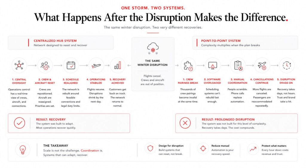 Comparison showing why centralized airline operations recovered faster than Southwest’s disrupted network.