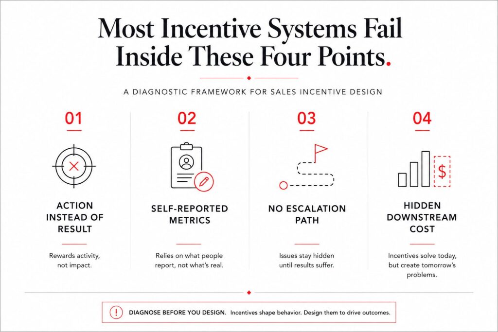 Framework showing four common failure points in sales incentive system design.